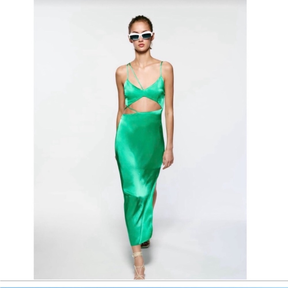 ZARA • Green satin effect silky cut out dress